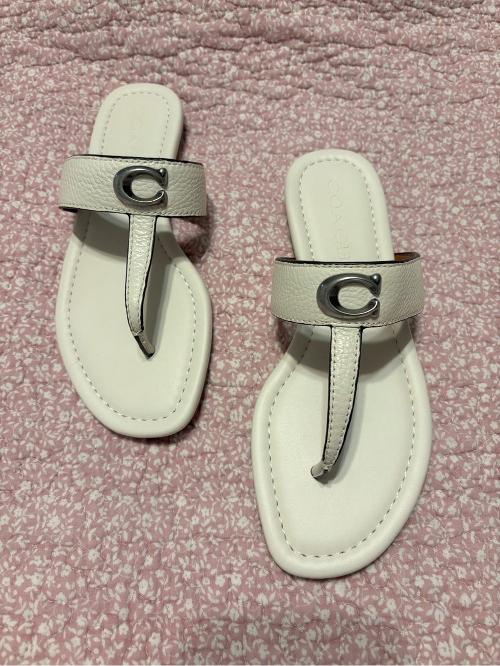 COACH White Leather Thong Sandals with Signature 'C' Hardware - Picture 1 of 6